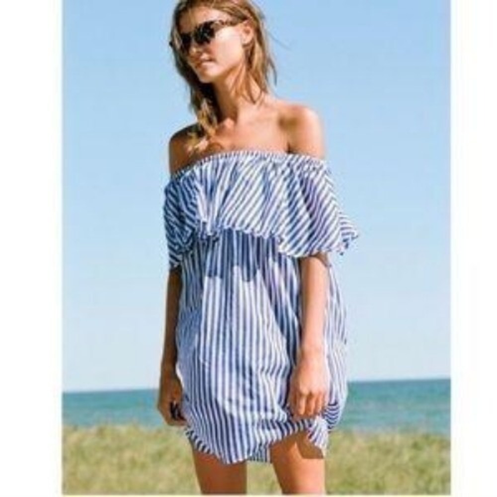 J.Crew Blue White Stripe Off Shoulder Beach Cover Up Dress Ruffle NWT Size XS